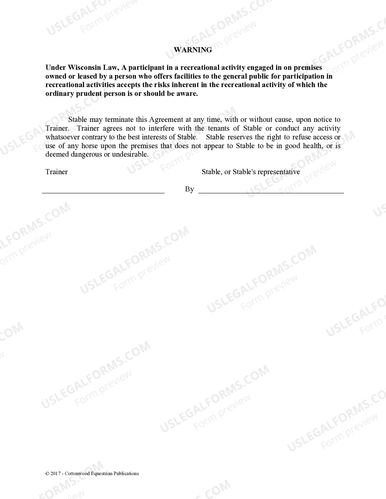 Preview Trainer's Facility Use Agreement - Horse Equine Forms