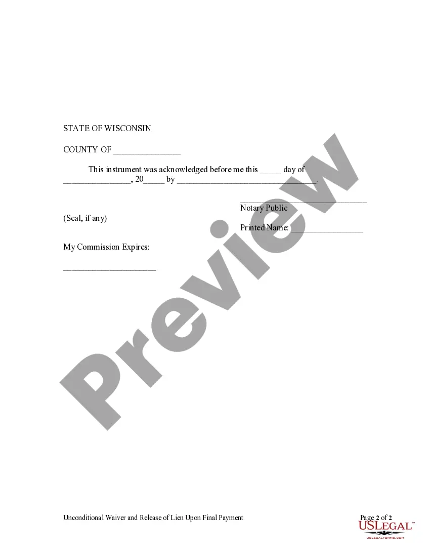 Preview Unconditional Waiver and Release of Claim of Lien Upon Final Payment