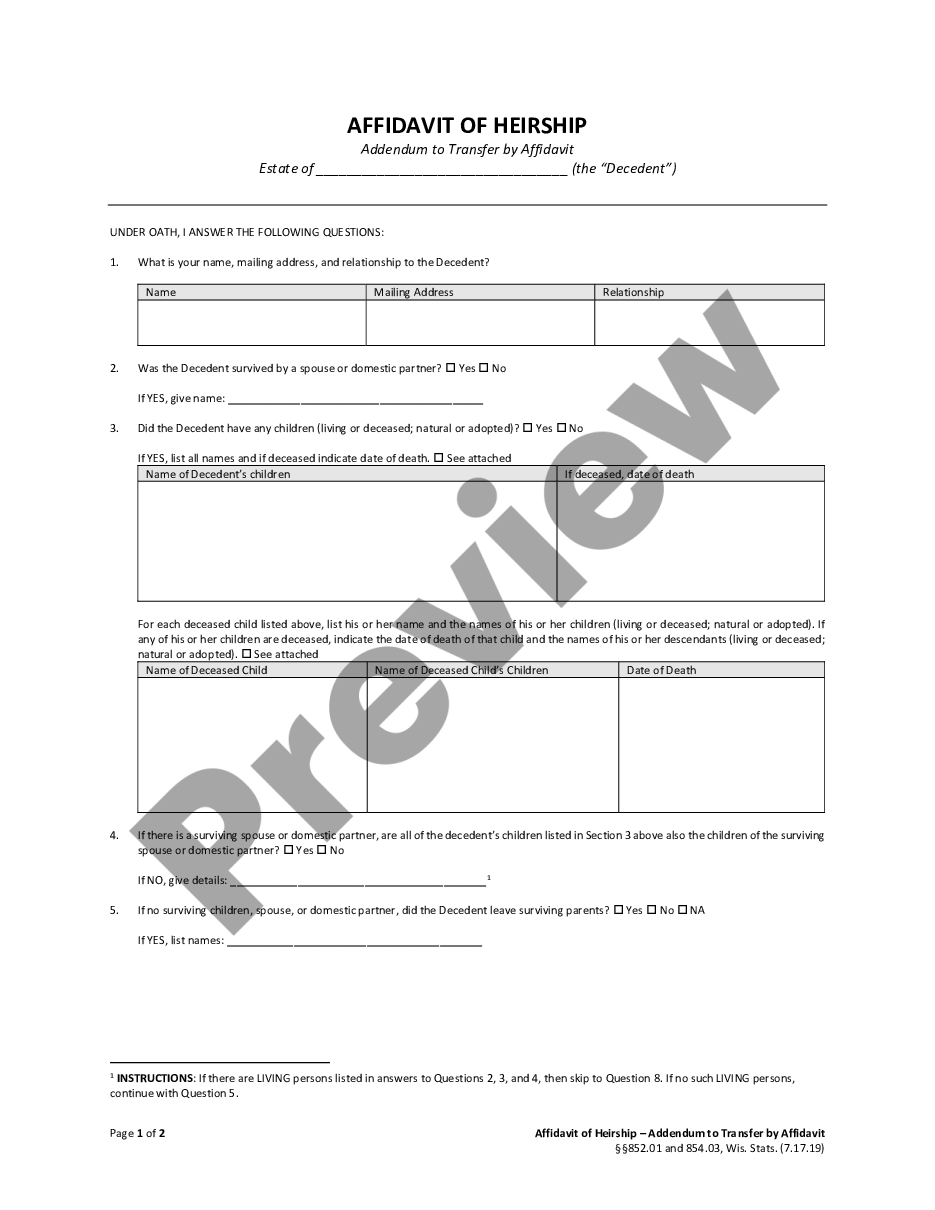 Wisconsin Affidavit Of Heirship Wisconsin Heirship Us Legal Forms 3251