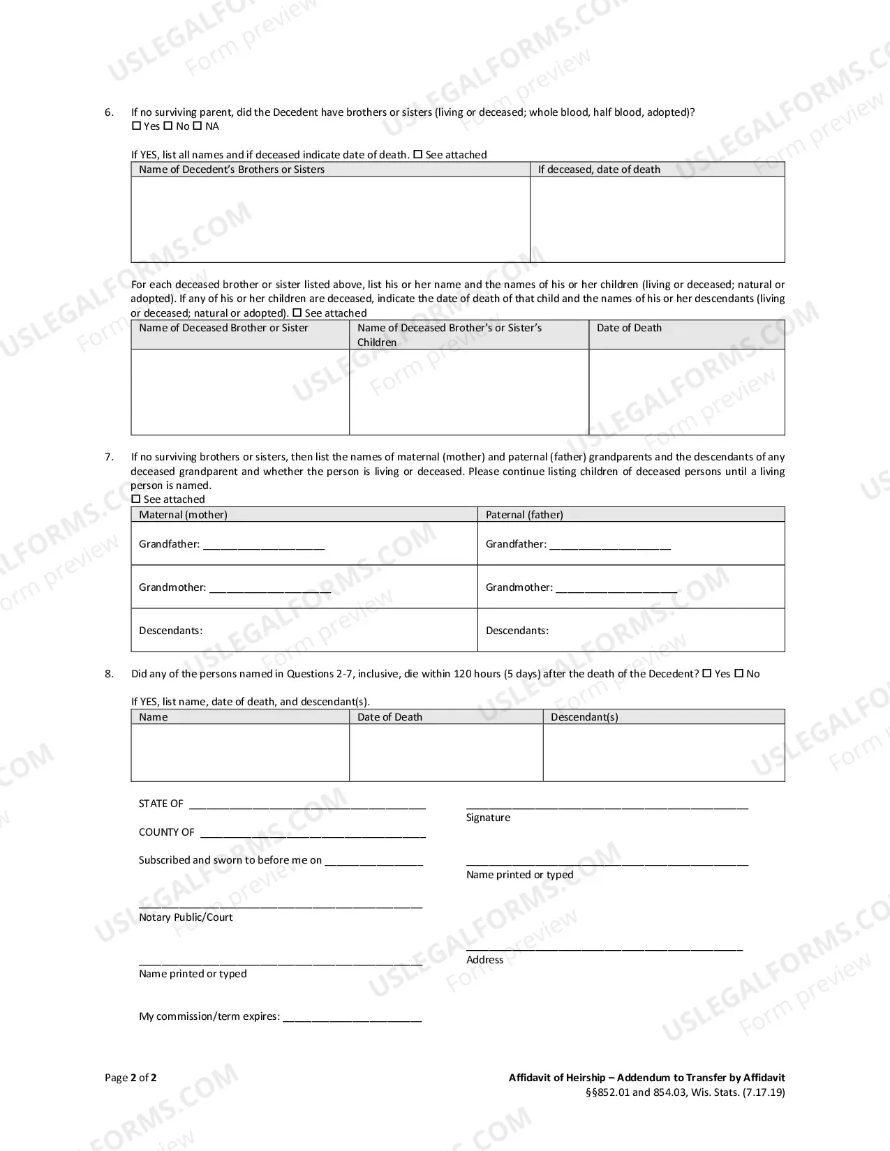Preview Affidavit of Heirship - addendum to Transfer by Affidavit