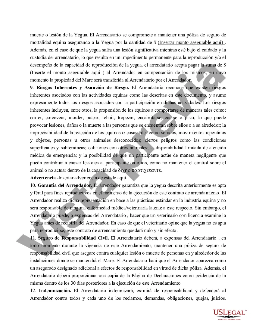 Preview Contrato de arrendamiento de yegua de cría de Wisconsin