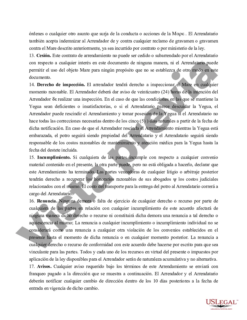 Preview Contrato de arrendamiento de yegua de cría de Wisconsin