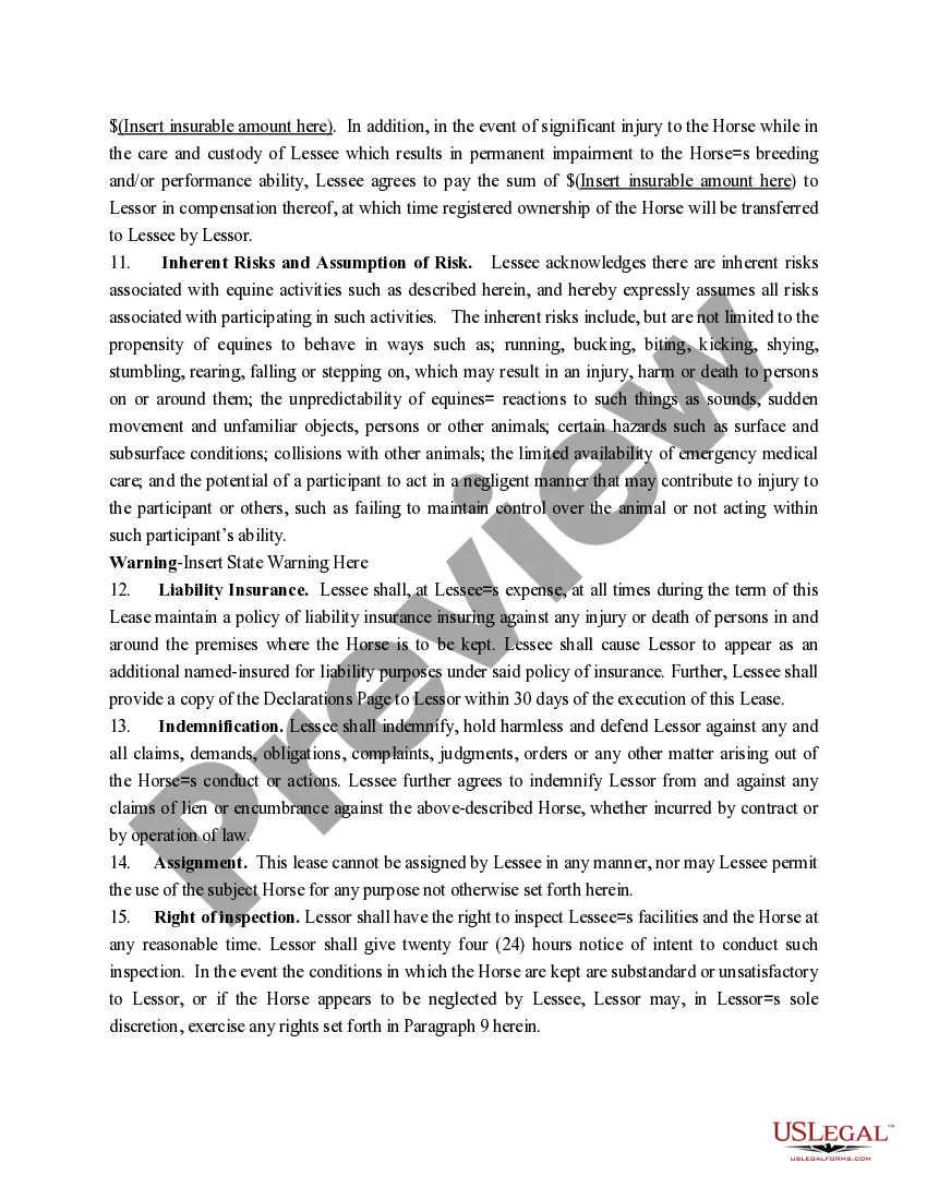 Preview Performance Horse Lease Agreement