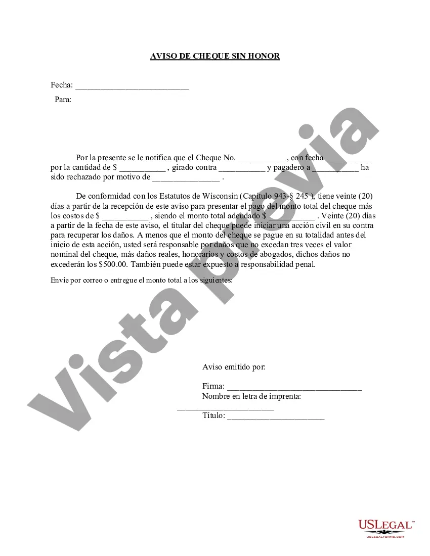 Preview Aviso de cheque sin fondos - Civil - Palabras clave: cheque sin fondos, cheque sin fondos