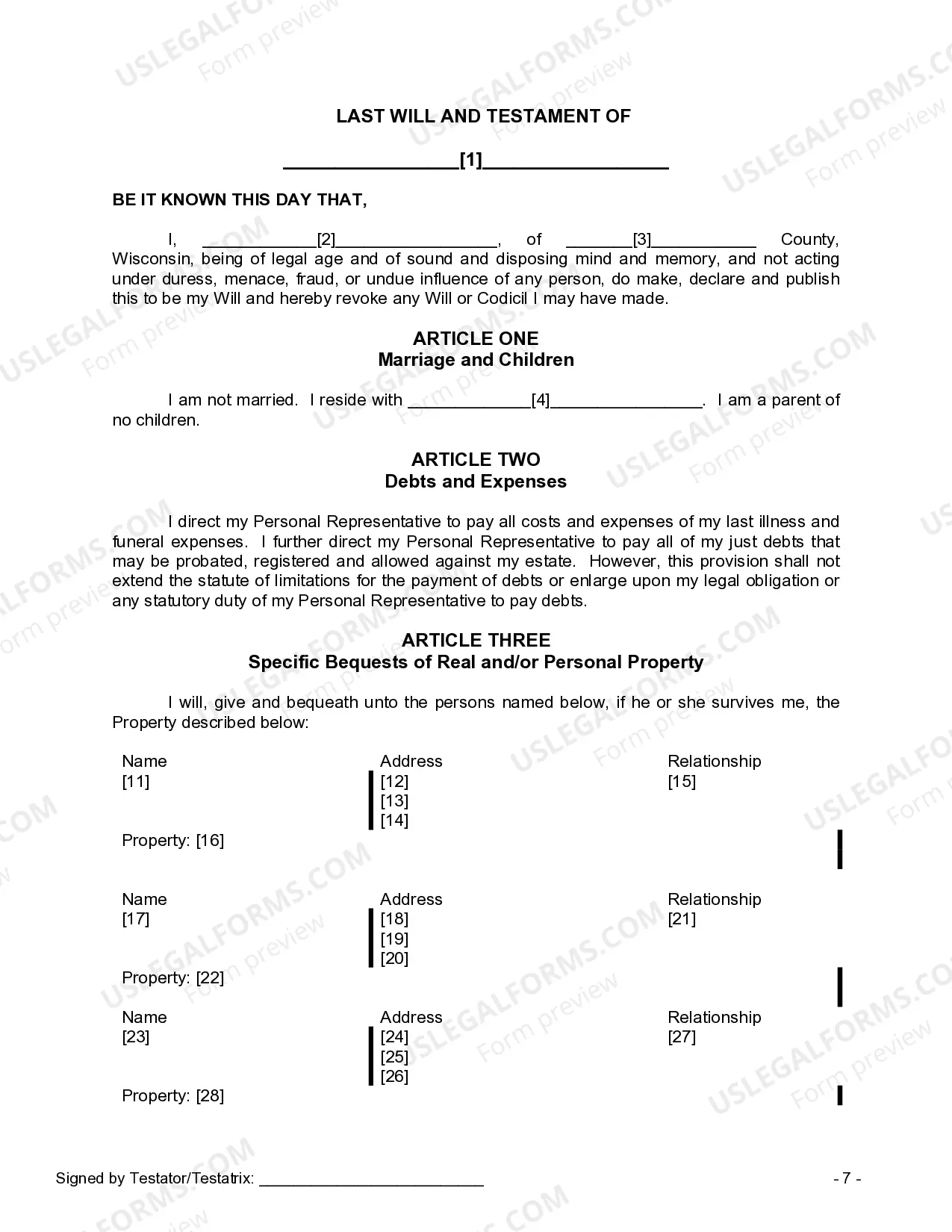 Preview Mutual Wills containing Last Will and Testaments for Man and Woman living together not Married with No Children