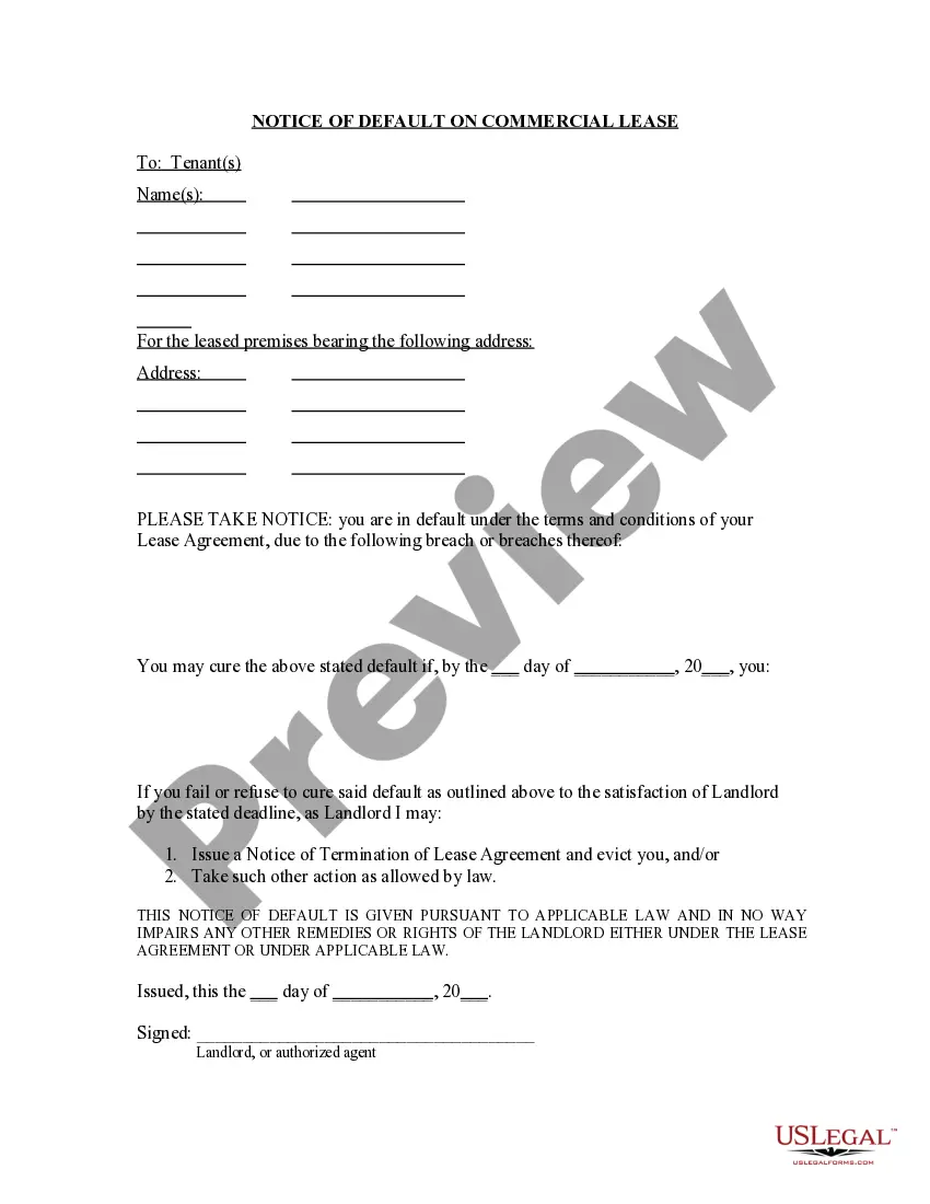 Preview Letter from Landlord to Tenant as Notice of Default on Commercial Lease
