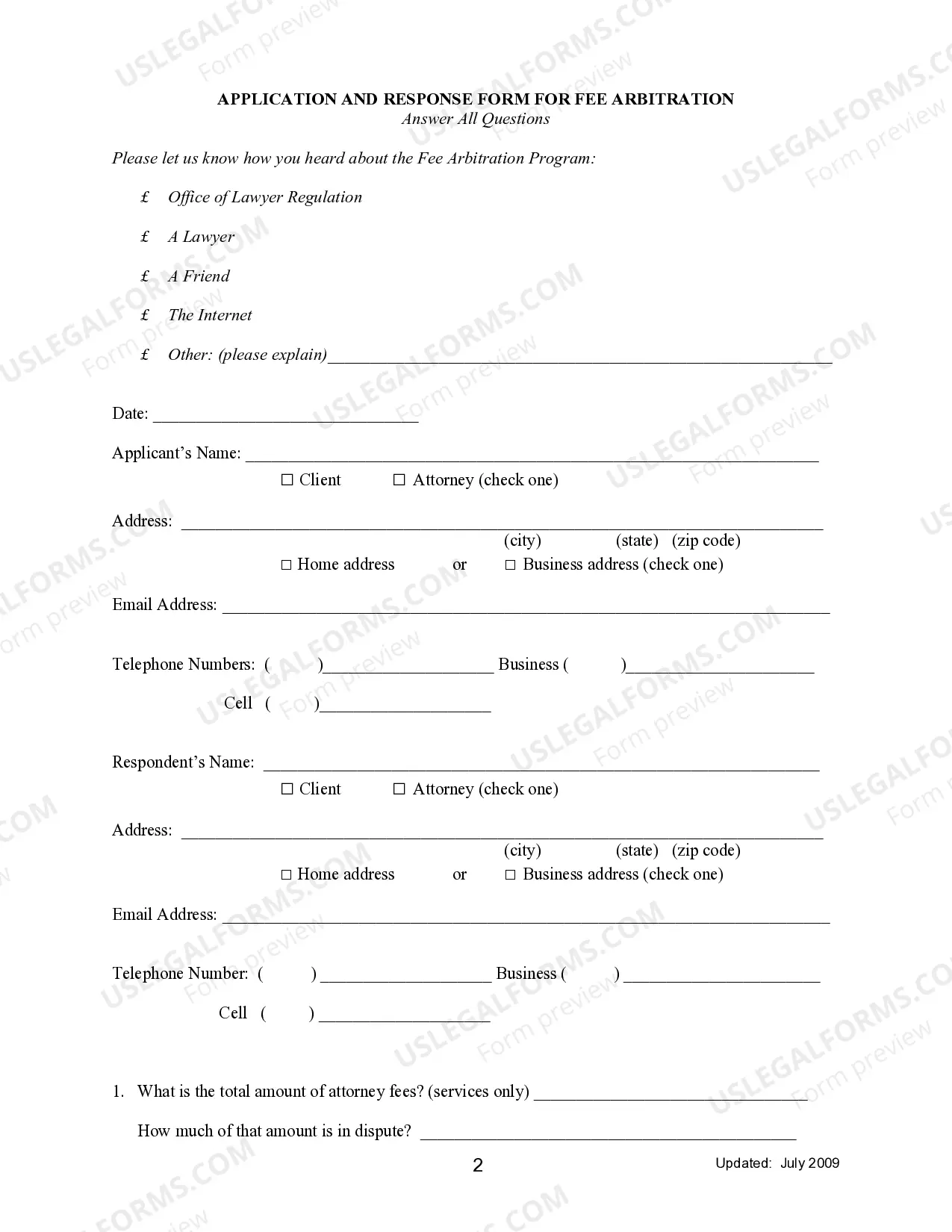 Preview Request and Response Form for Arbitration of Fee Dispute