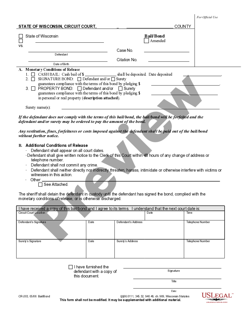 Wisconsin Bail Bond Wisconsin Cr 203 US Legal Forms