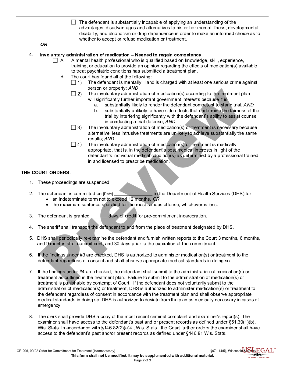page 1 Order of Commitment for Treatment - Incompetency preview