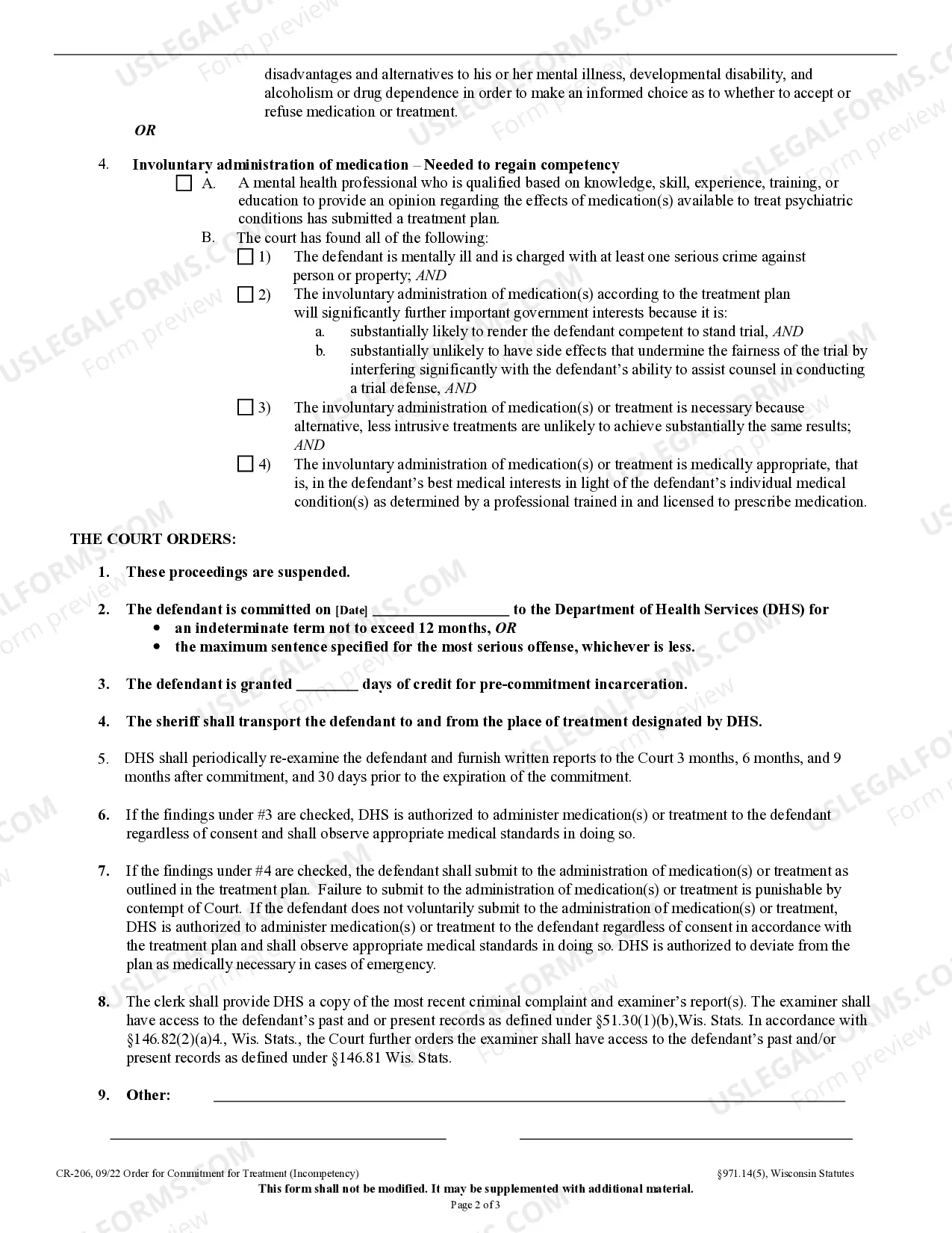 Preview Order of Commitment for Treatment - Incompetency