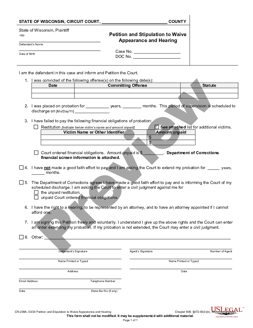 form Petition and Stipulation to Waive Appearance and Hearing and Order - Judgment preview