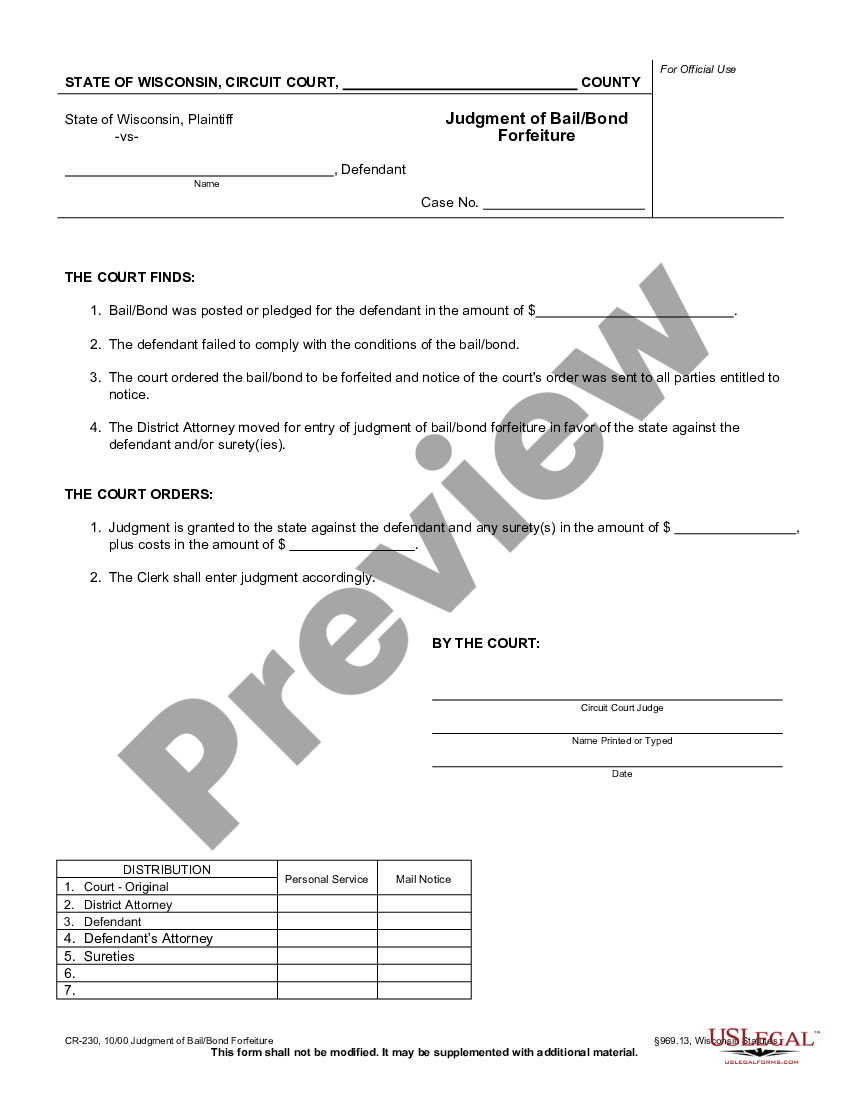 Wisconsin Judgment of Bail - Bond Forfeiture | US Legal Forms