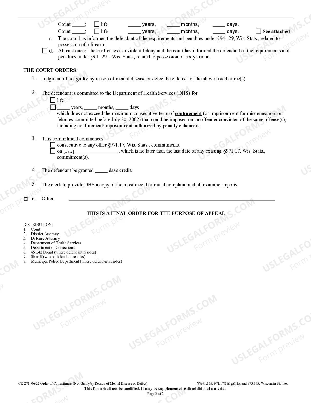 Preview Order Of Commitment (Not Guilty By Reason Of Mental Disease Or Defect)