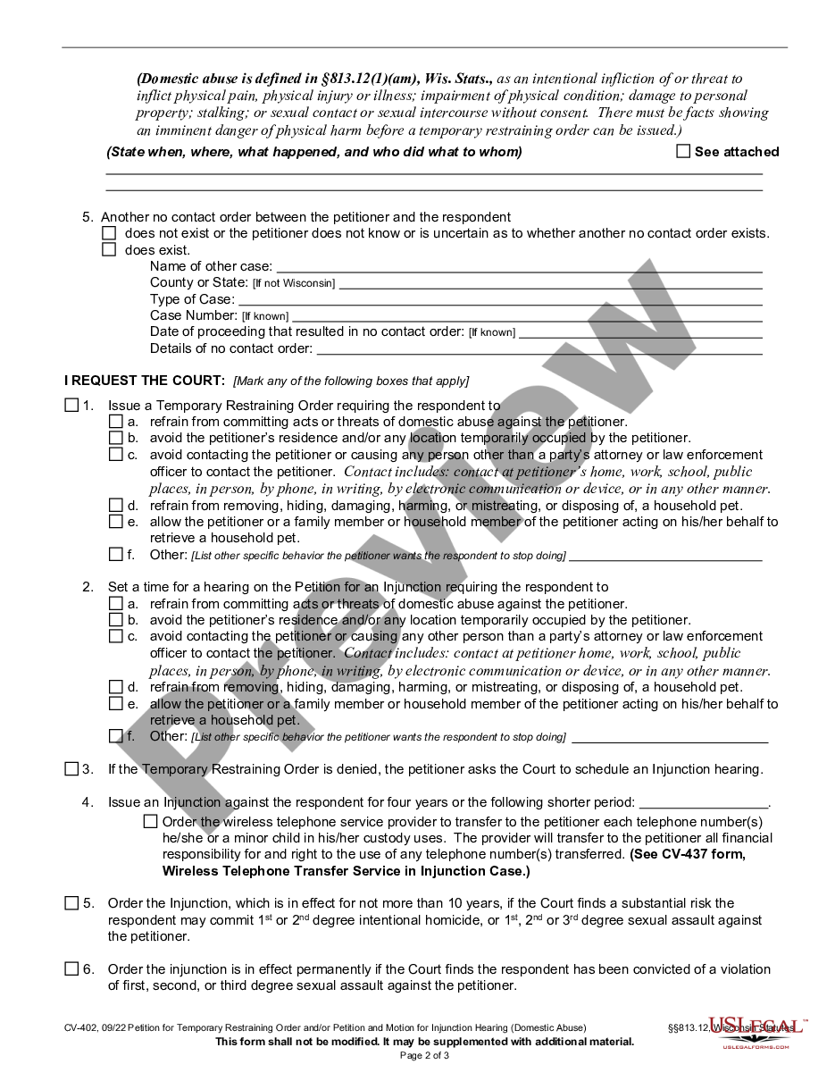 page 1 Petition for Temporary Restraining Order and / or Injunction - Domestic Abuse preview