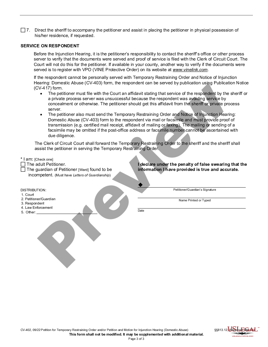 page 2 Petition for Temporary Restraining Order and / or Injunction - Domestic Abuse preview
