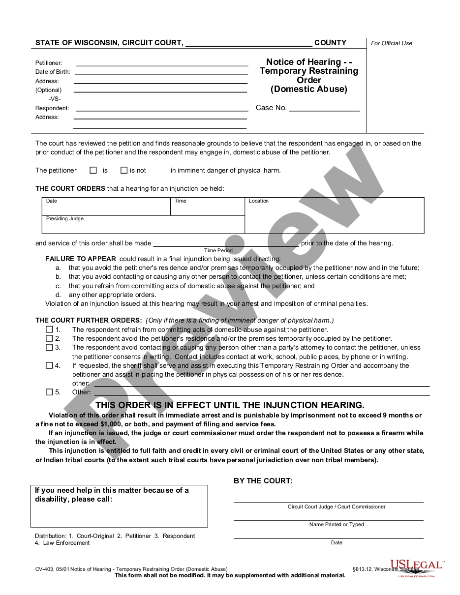 form Notice of Hearing - Temporary Restraining Order - Domestic Abuse preview