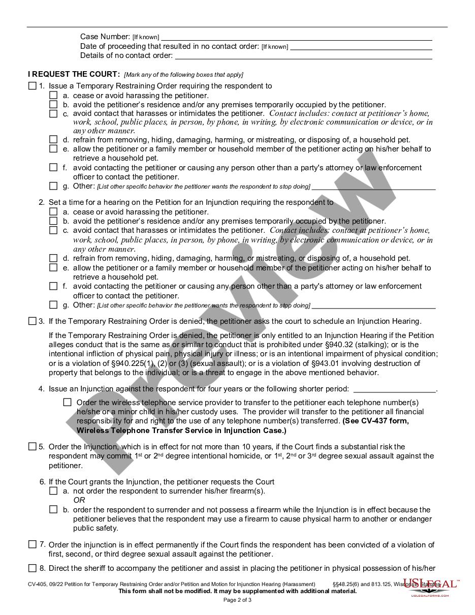 page 1 Petition for TRO and / or Injunction - Harassment preview