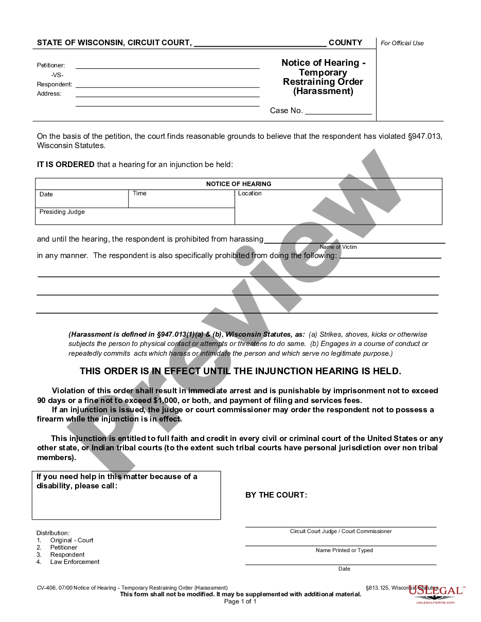 form Notice of Hearing - TRO - Harassment preview