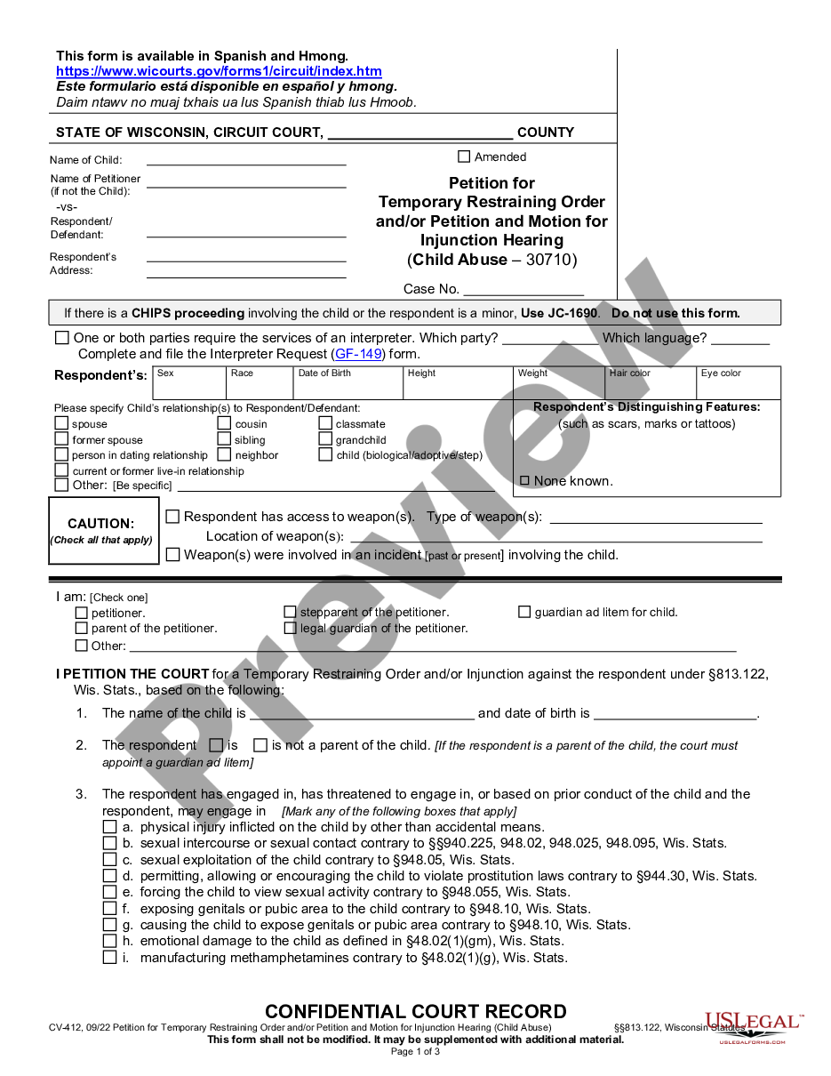 page 0 Petition for Temporary Restraining Order and / or Injunction - Child Abuse preview
