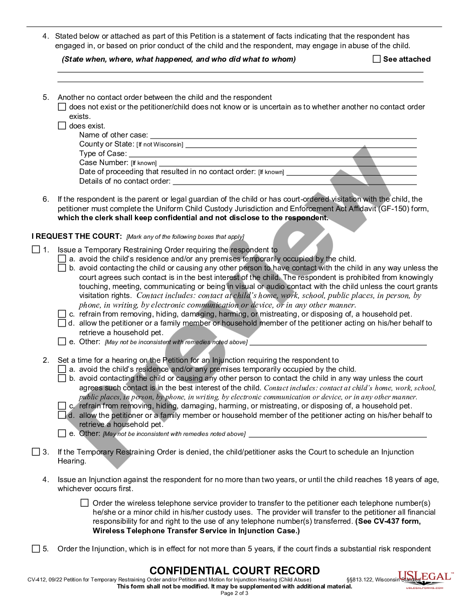 page 1 Petition for Temporary Restraining Order and / or Injunction - Child Abuse preview