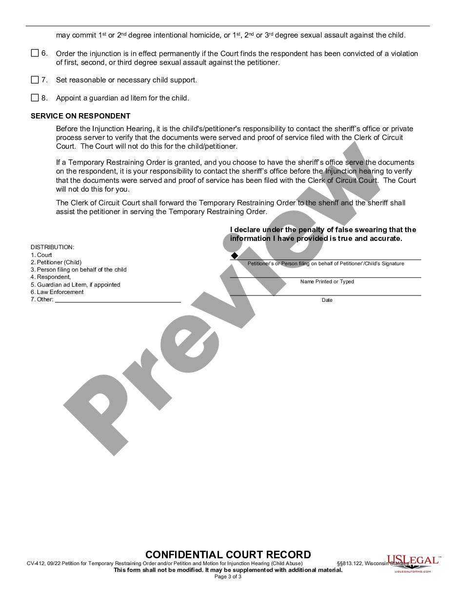 page 2 Petition for Temporary Restraining Order and / or Injunction - Child Abuse preview