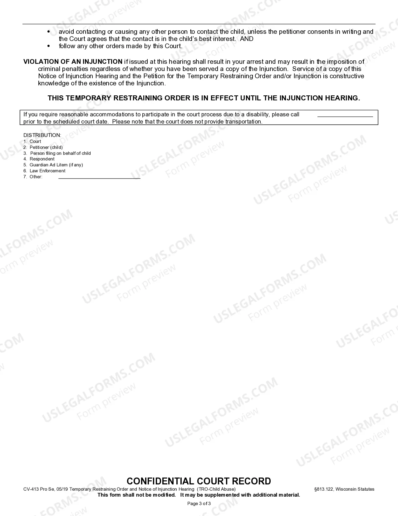 Preview Notice of Hearing - Temporary Restraining Order - Child Abuse