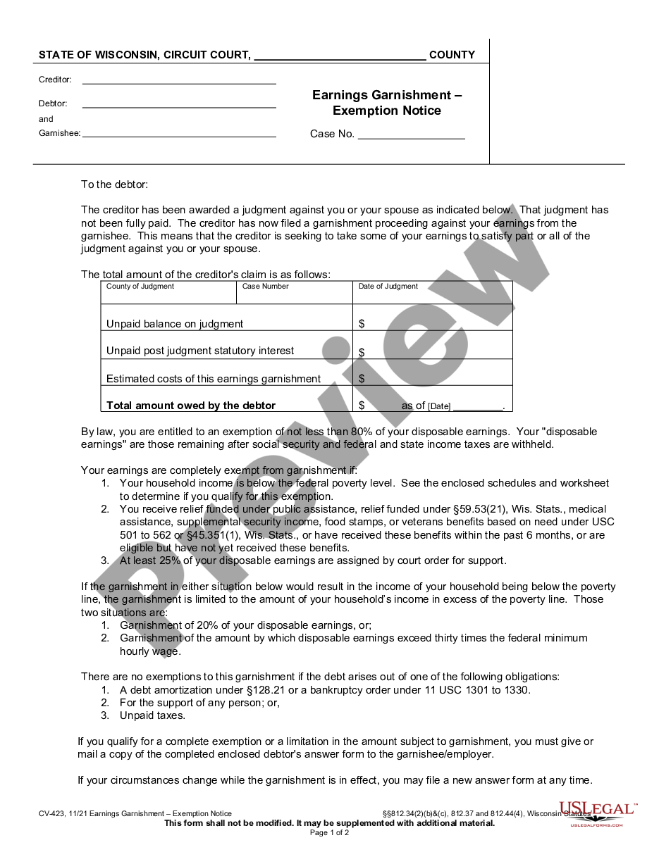 form Earnings Garnishment - Exemption Notice preview