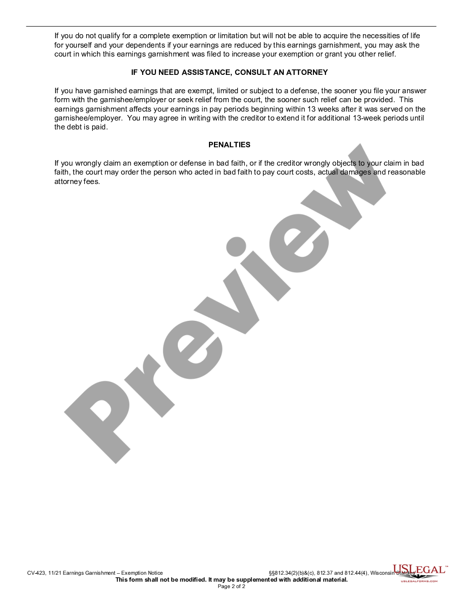 page 1 Earnings Garnishment - Exemption Notice preview