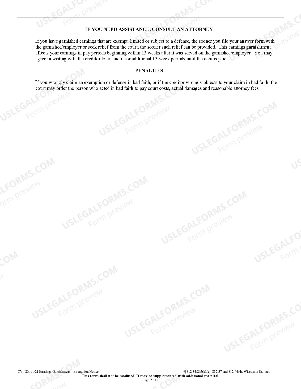 Preview Earnings Garnishment - Exemption Notice