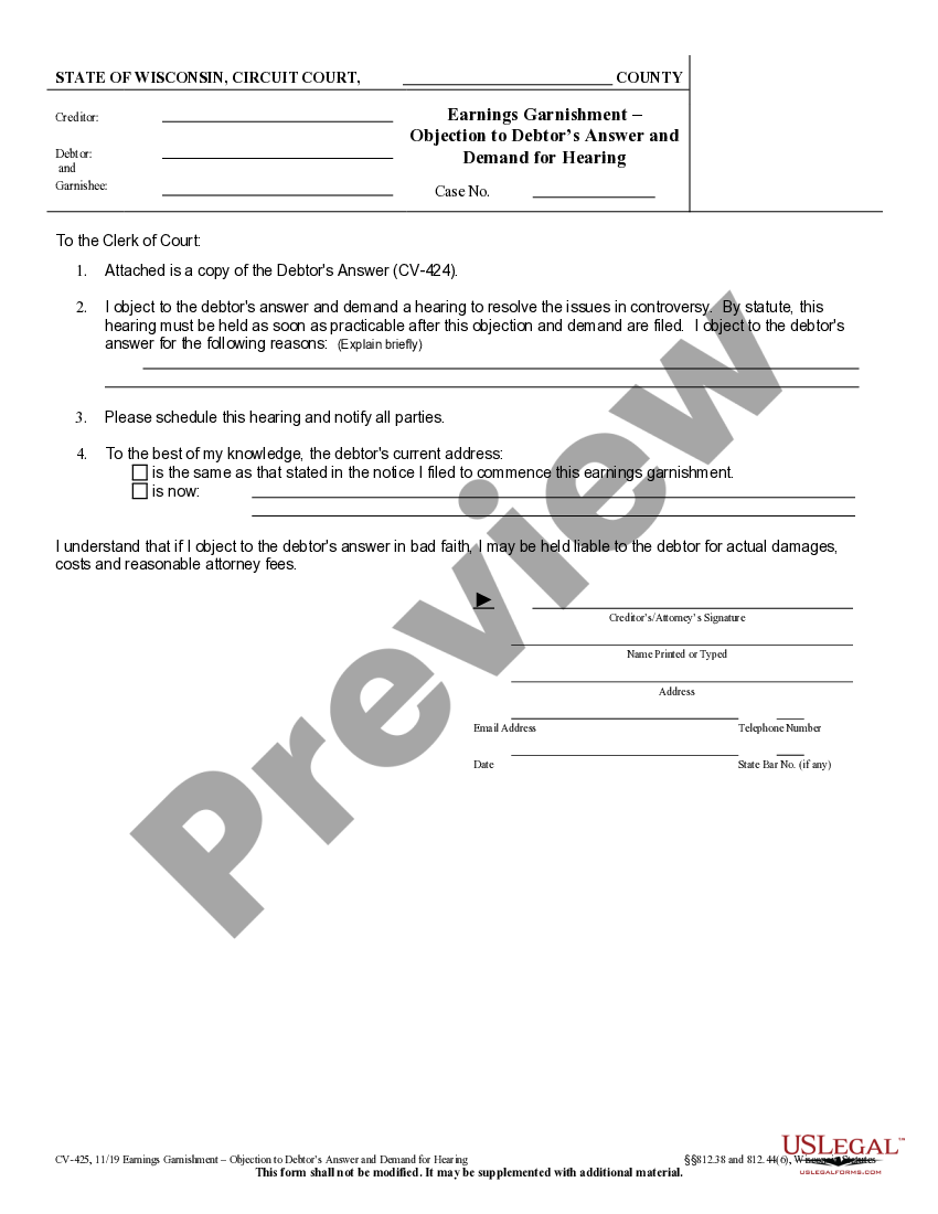 Wisconsin Earnings Garnishment Objection to Debtor's Answer and