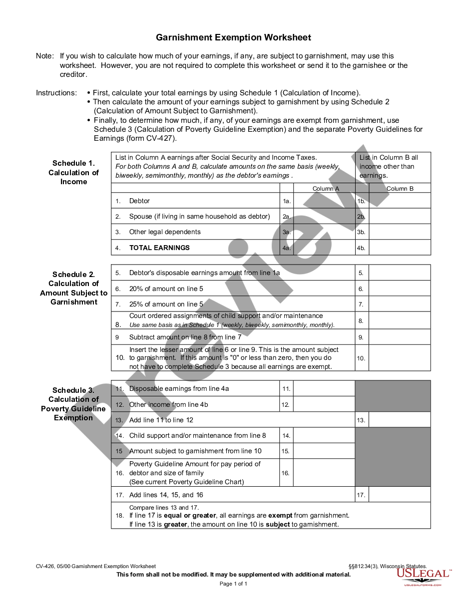 form Garnishment Exemption Worksheet preview
