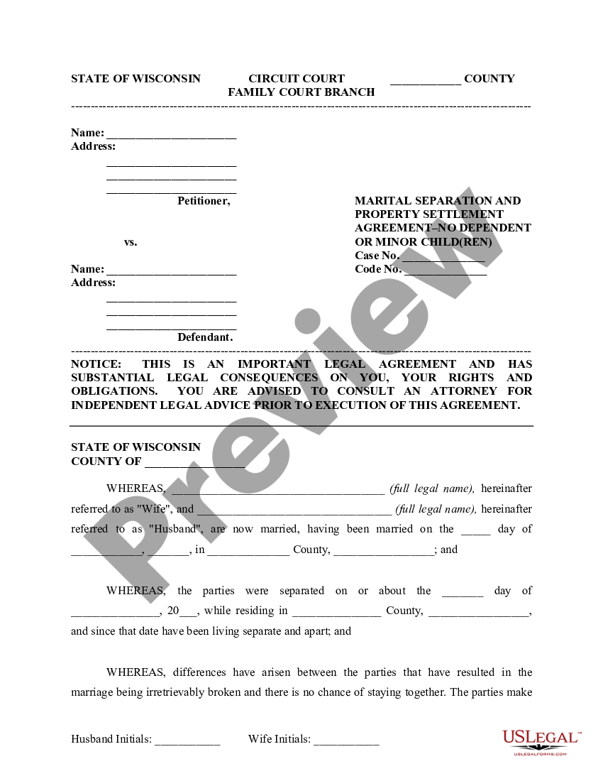 Wisconsin Marital Domestic Separation and Property Settlement Agreement ...