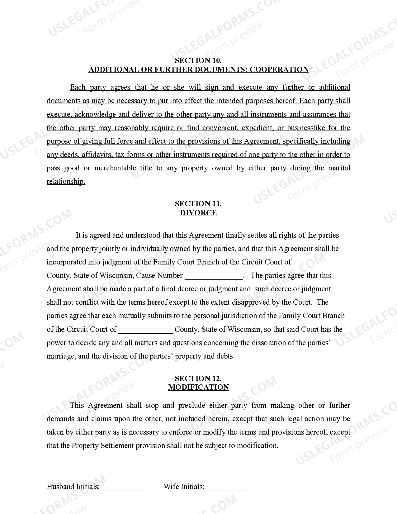 Wisconsin Marital Domestic Separation and Property Settlement Agreement