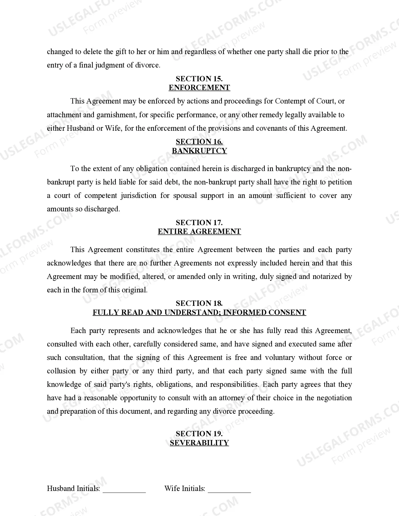 Preview Marital Domestic Separation and Property Settlement Agreement for persons with No Children, No Joint Property or Debts where Divorce Action Filed