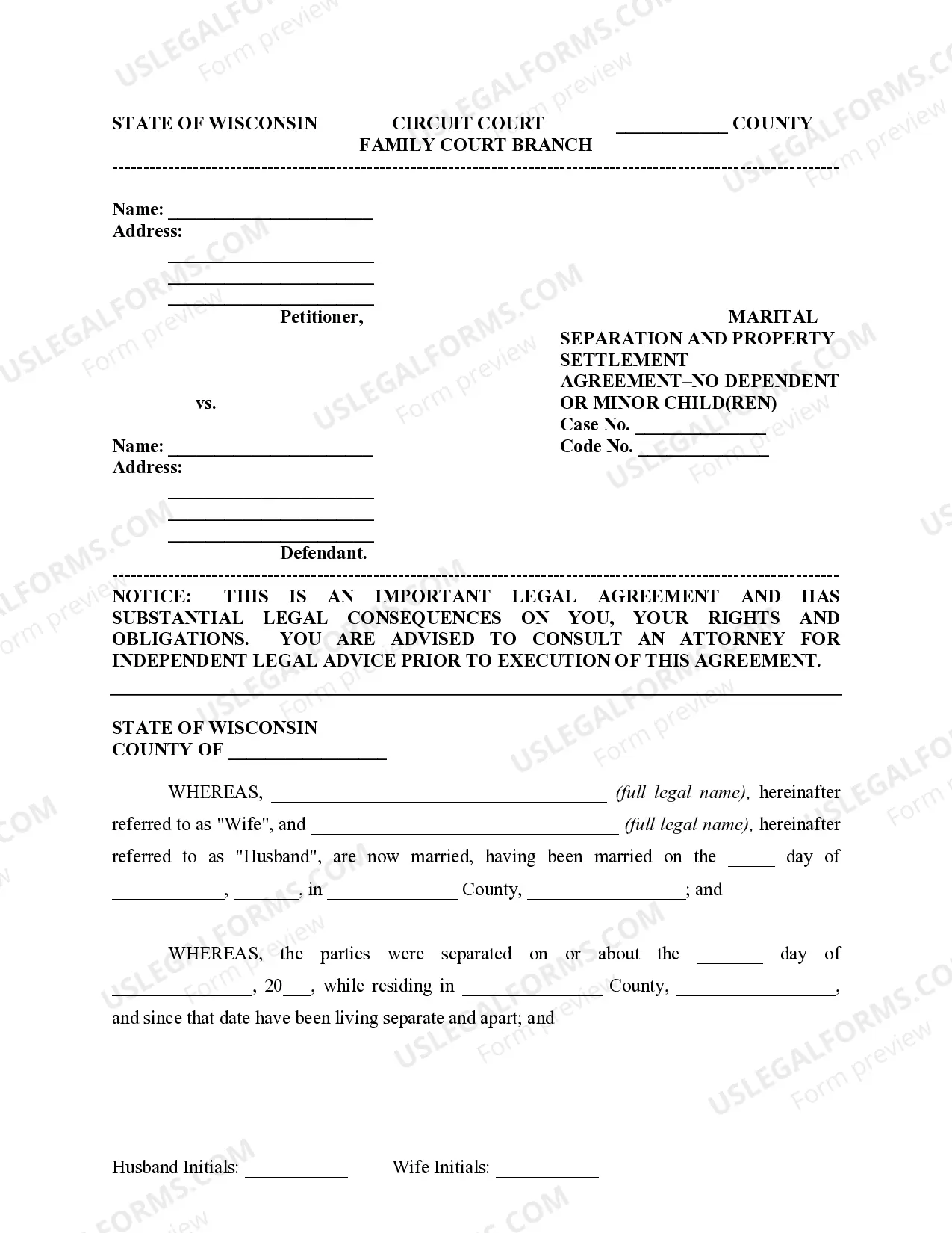 Preview Marital Domestic Separation and Property Settlement Agreement for persons with No Children, No Joint Property or Debts where Divorce Action Filed