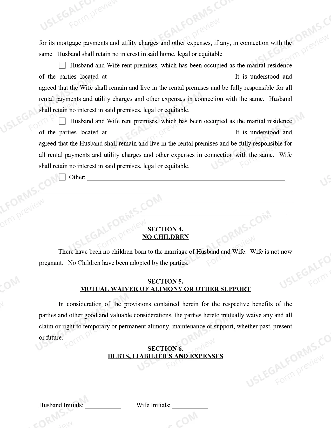 Preview Marital Domestic Separation and Property Settlement Agreement for persons with No Children, No Joint Property or Debts where Divorce Action Filed