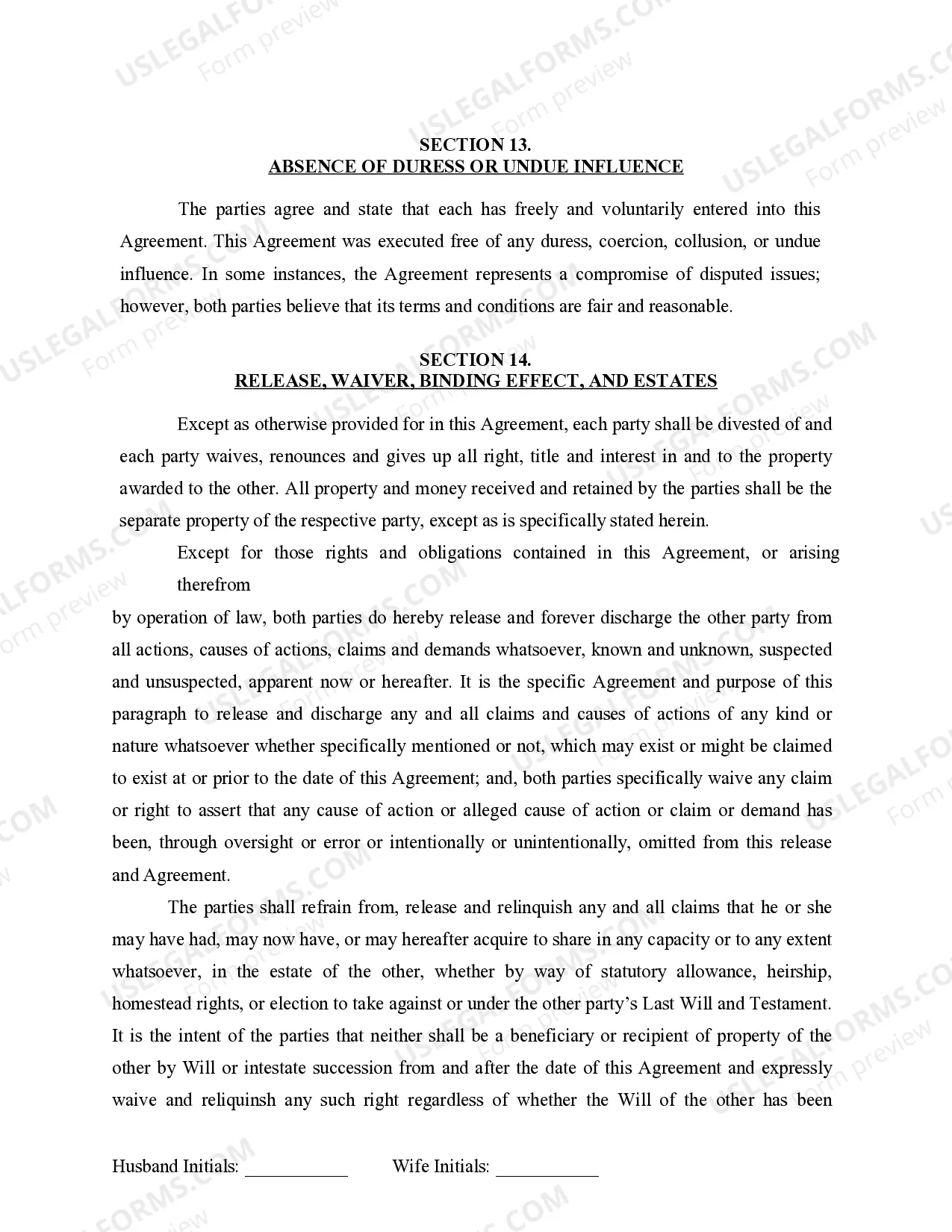 Preview Marital Domestic Separation and Property Settlement Agreement for persons with No Children, No Joint Property or Debts where Divorce Action Filed