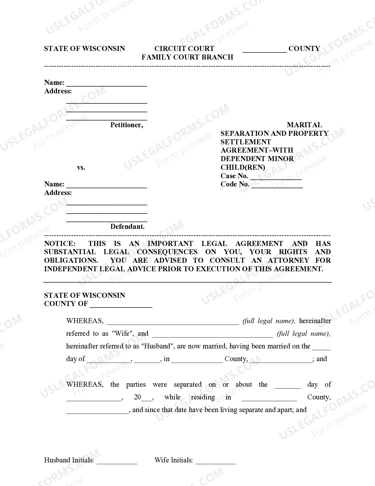 Preview Marital Domestic Separation and Property Settlement Agreement Minor Children no Joint Property or Debts where Divorce Action Filed