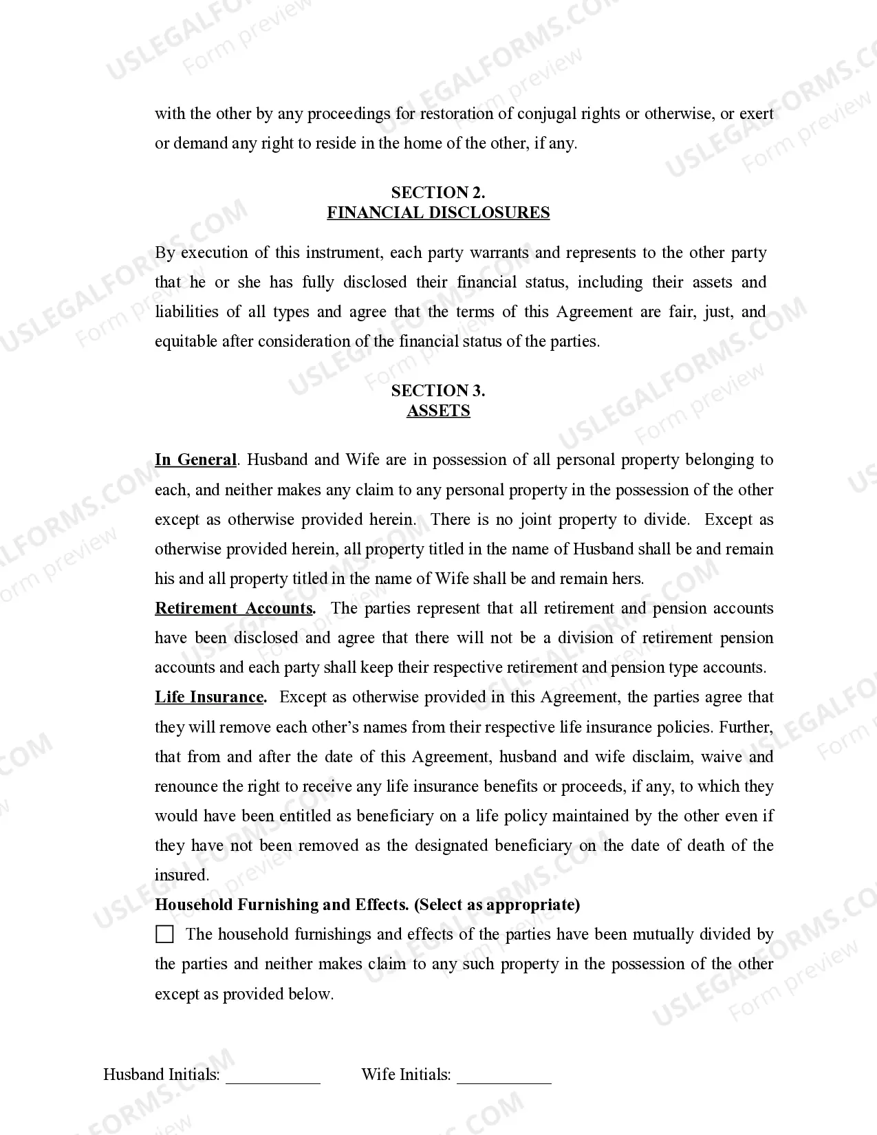 Preview Marital Domestic Separation and Property Settlement Agreement Minor Children no Joint Property or Debts where Divorce Action Filed