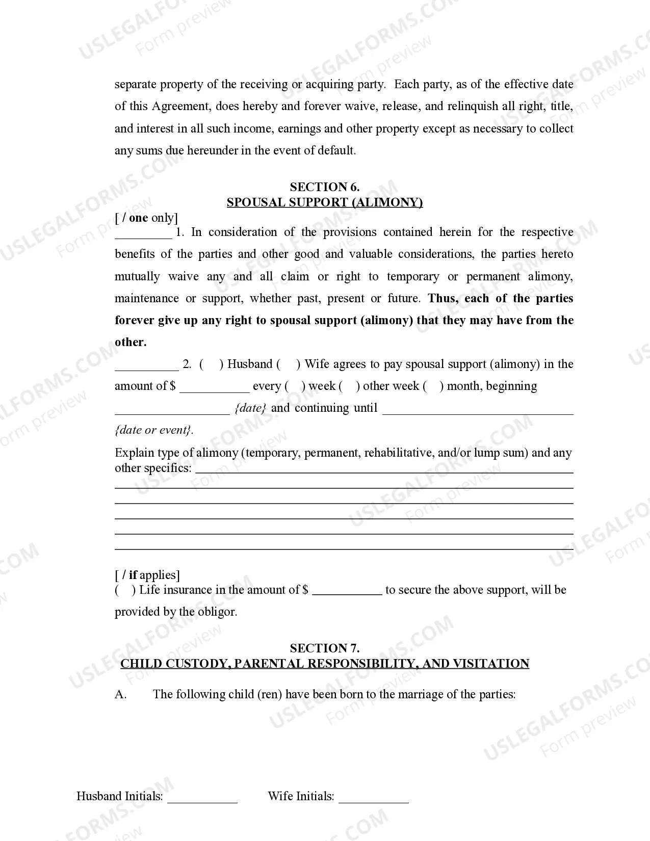 Preview Marital Domestic Separation and Property Settlement Agreement Minor Children no Joint Property or Debts where Divorce Action Filed