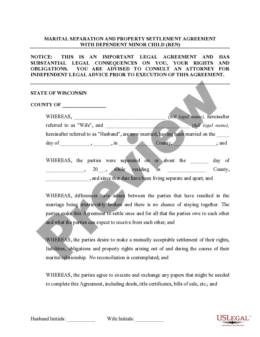 Preview Marital Domestic Separation and Property Settlement Agreement Minor Children no Joint Property or Debts effective Immediately