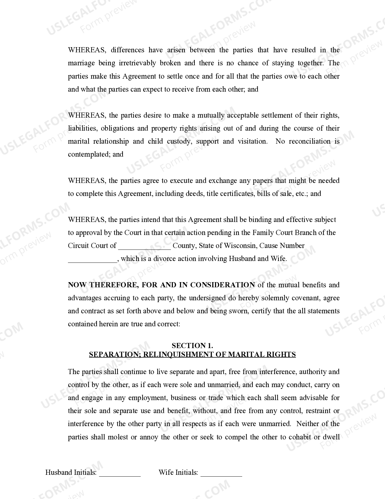 Wisconsin Marital Domestic Separation and Property Settlement Agreement