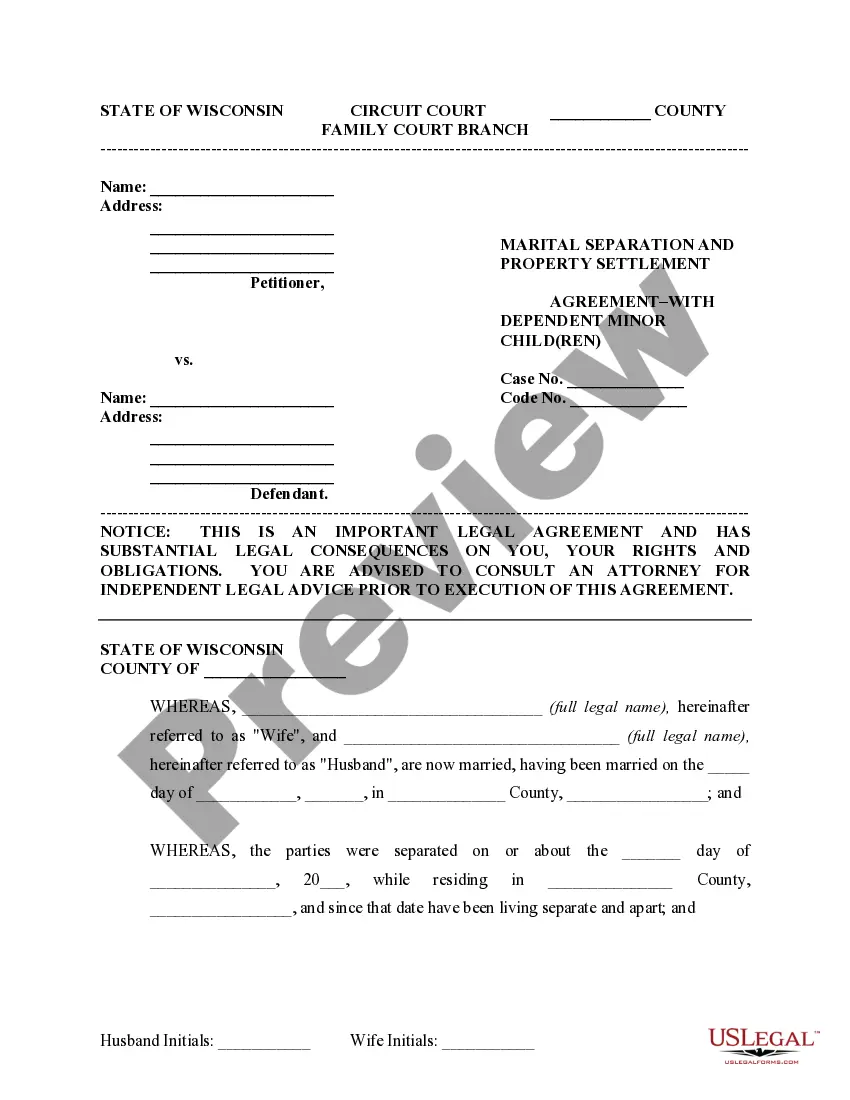 Preview Marital Domestic Separation and Property Settlement Agreement Minor Children Parties May have Joint Property or Debts where Divorce Action Filed