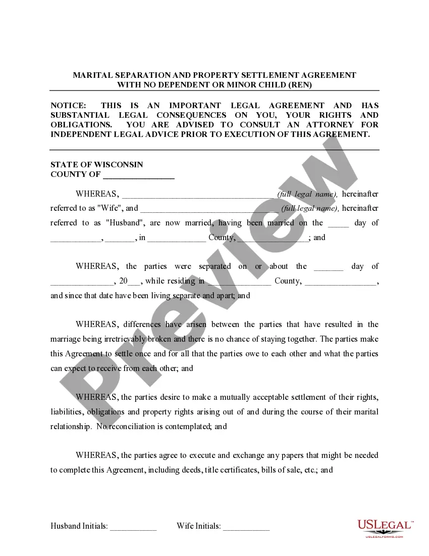 Preview Marital Domestic Separation and Property Settlement Agreement for persons with no Children, no Joint Property, or Debts Effective Immediately