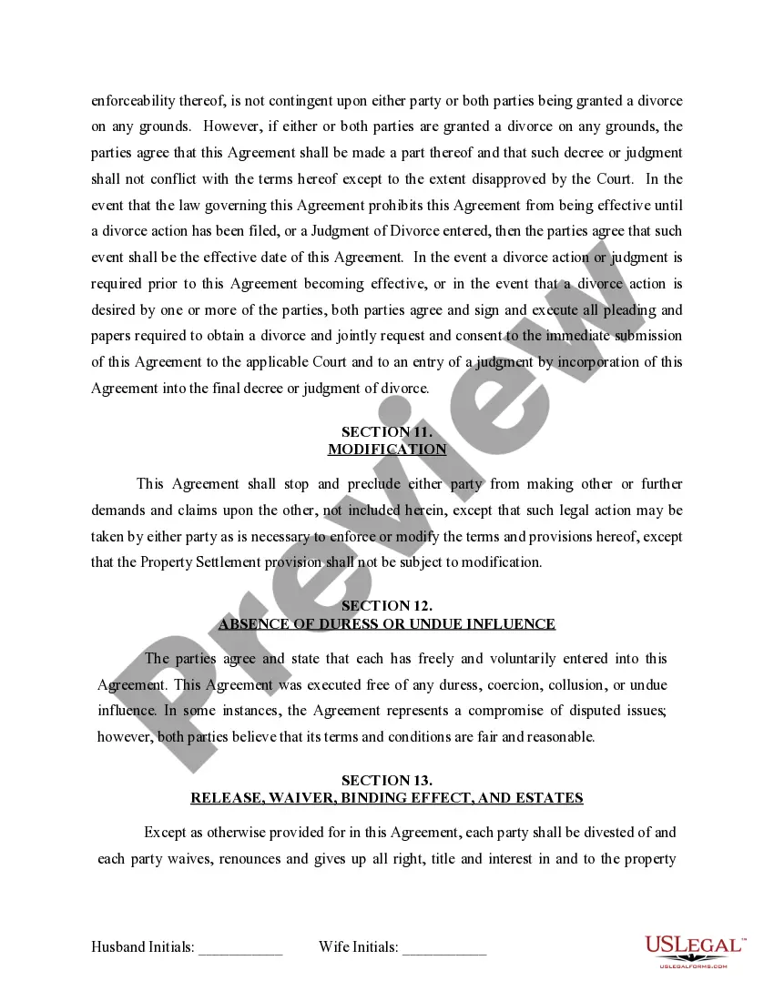 Preview Marital Domestic Separation and Property Settlement Agreement for persons with no Children, no Joint Property, or Debts Effective Immediately
