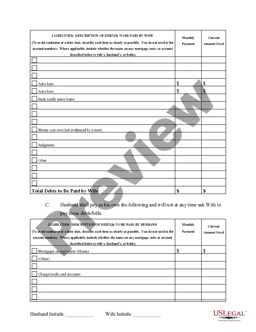 Preview Marital Domestic Separation and Property Settlement Agreement no Children parties may have Joint Property or Debts where Divorce Action Filed