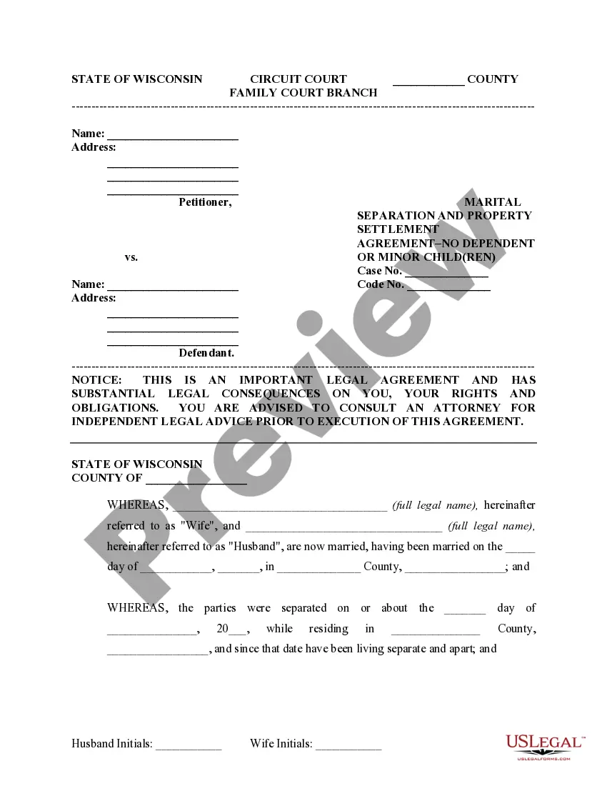Preview Marital Domestic Separation and Property Settlement Agreement no Children parties may have Joint Property or Debts where Divorce Action Filed