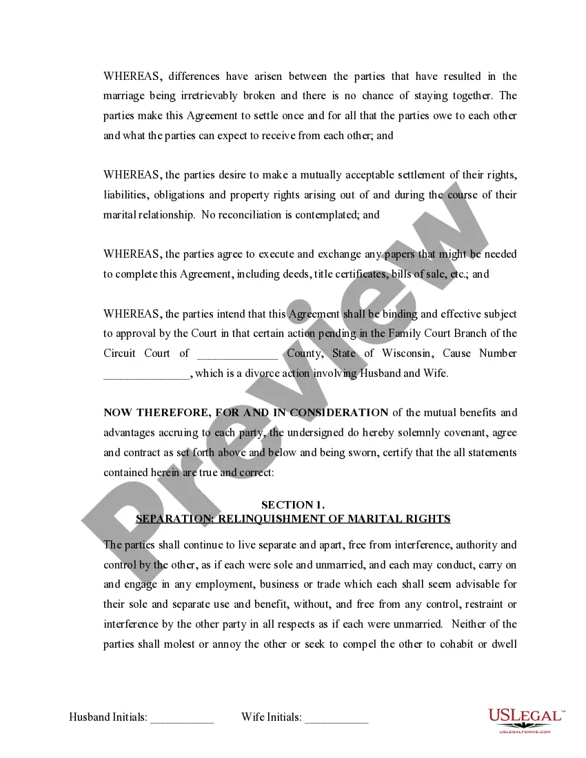 Preview Marital Domestic Separation and Property Settlement Agreement no Children parties may have Joint Property or Debts where Divorce Action Filed