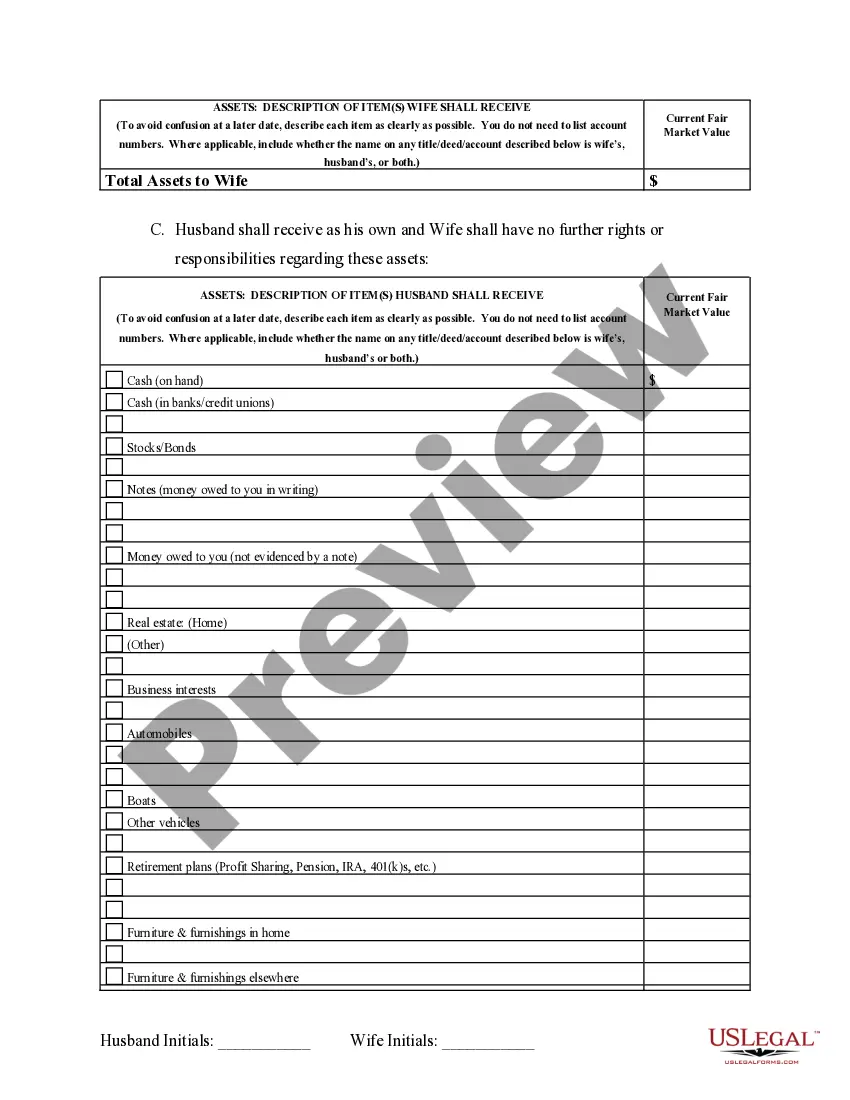 Preview Marital Domestic Separation and Property Settlement Agreement no Children parties may have Joint Property or Debts where Divorce Action Filed