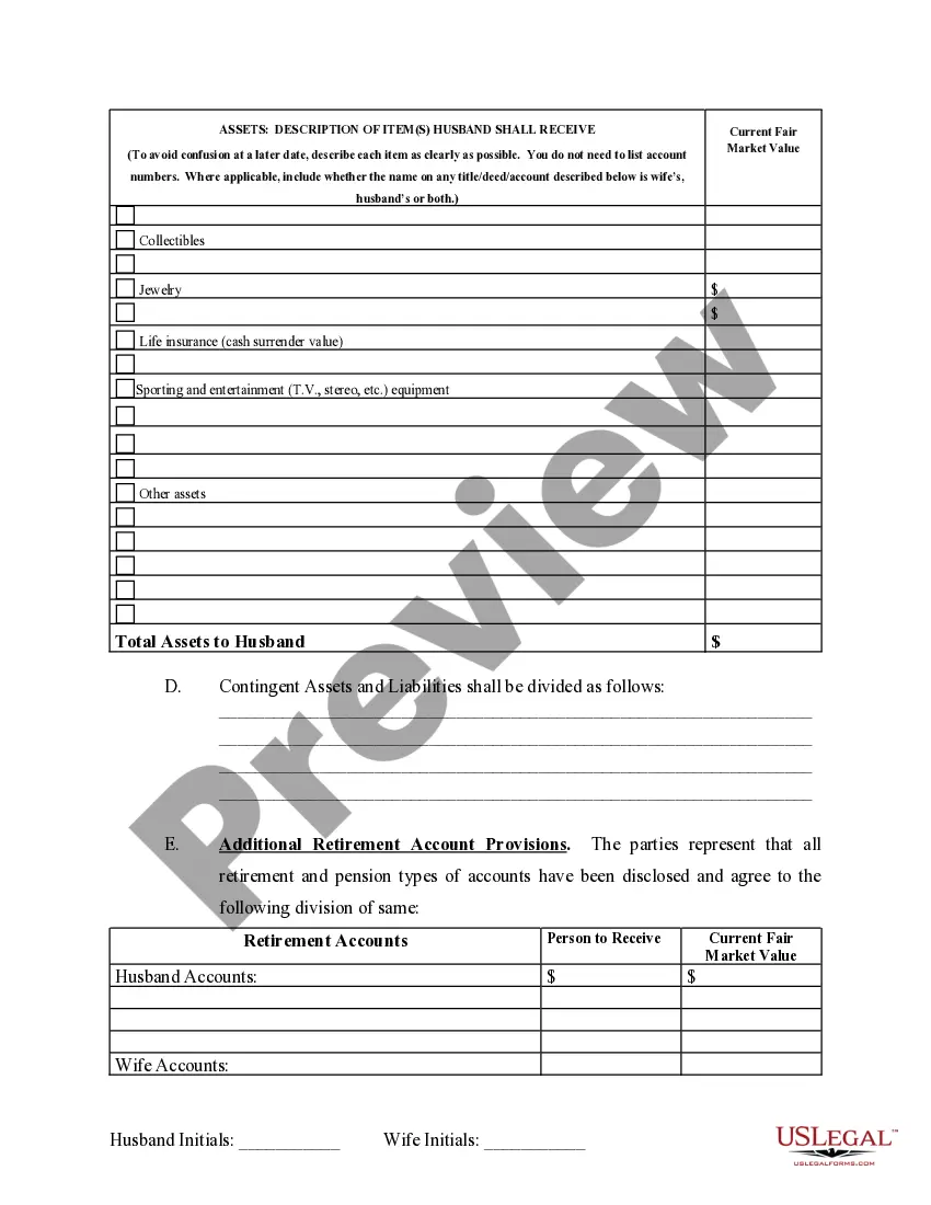 Preview Marital Domestic Separation and Property Settlement Agreement no Children parties may have Joint Property or Debts where Divorce Action Filed